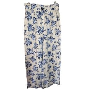 Tullea Womens XL Wide Leg Floral Linen Blend‎ Pants High Waisted Cottagecore